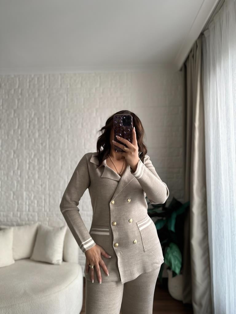 Çelik Örme Çift Kat Dokuma Ceket Pantolon Takım Vizon