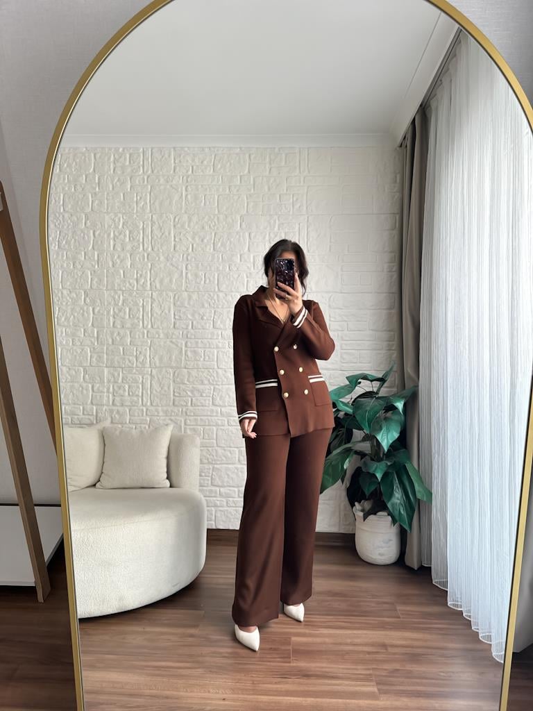 Çelik Örme Çift Kat Dokuma Ceket Pantolon Takım Kahverengi