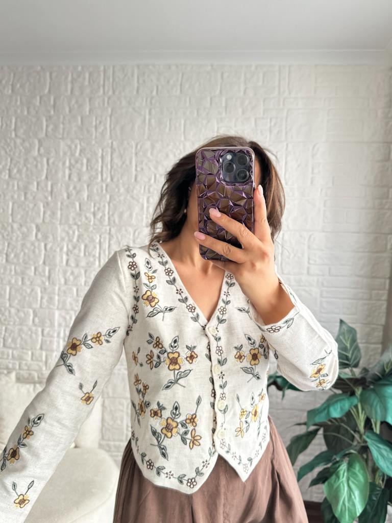 Çiçek Nakış İşlemeli Keten Ceket