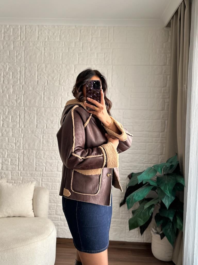 Çift Cepli Kapüşonlu Eskitme Pelüş Ceket Kahverengi