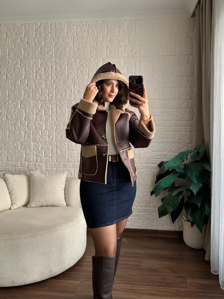 Çift Cepli Kapüşonlu Eskitme Pelüş Ceket Kahverengi