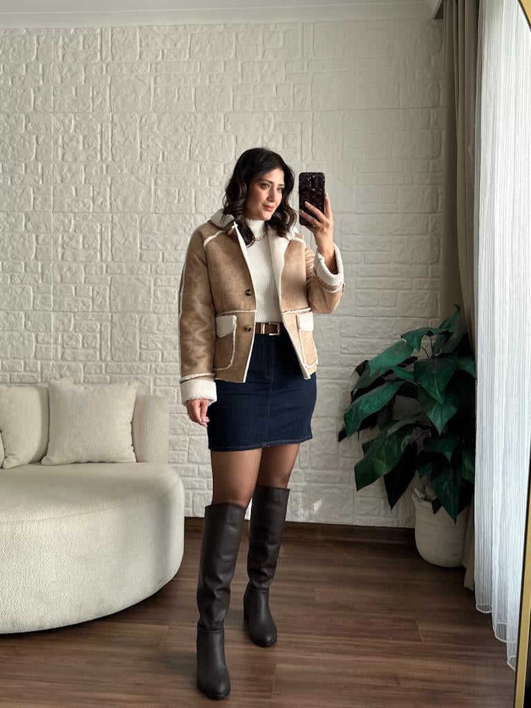 Çift Cepli Kapüşonlu Eskitme Pelüş Ceket Bej