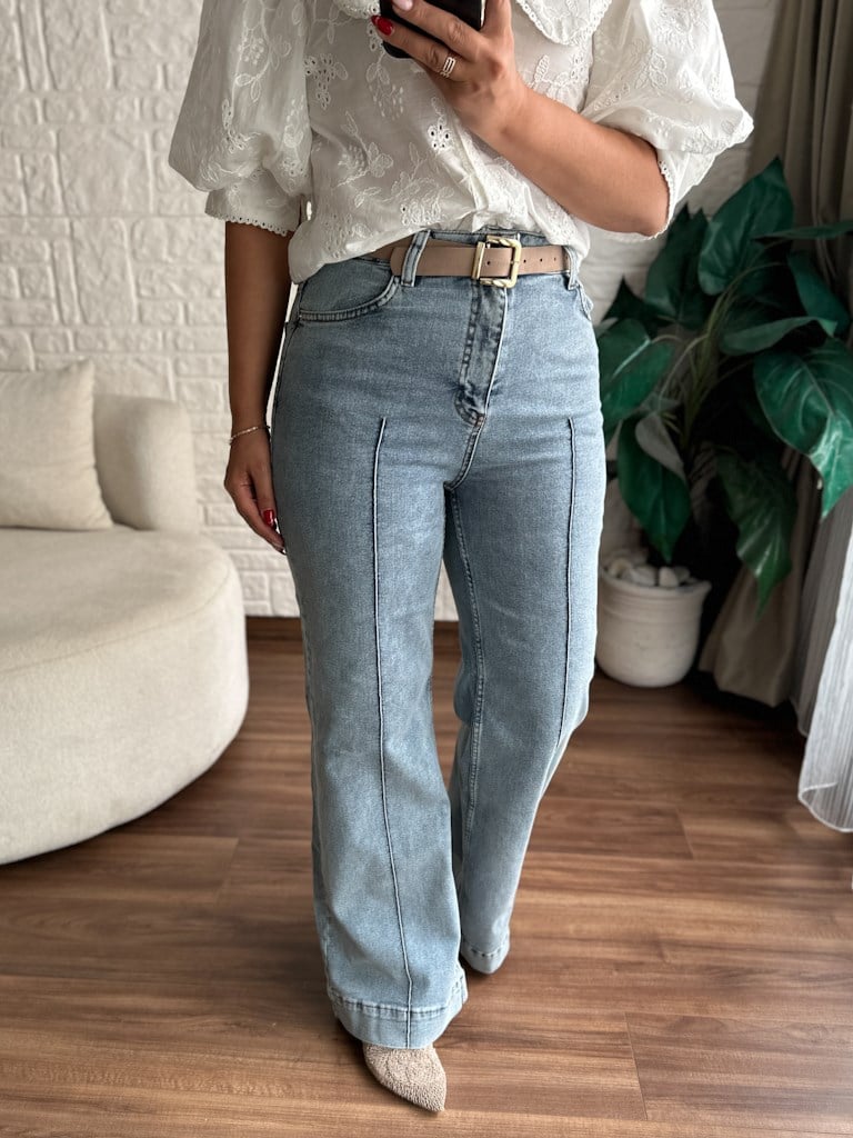 Çıma Dikişli Yüksek Bel Kemerli Jean Buz Mavi