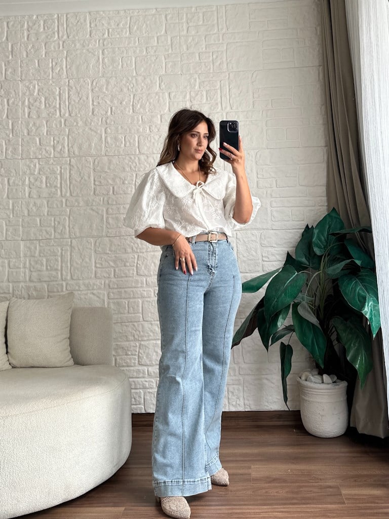 Çıma Dikişli Yüksek Bel Kemerli Jean Buz Mavi