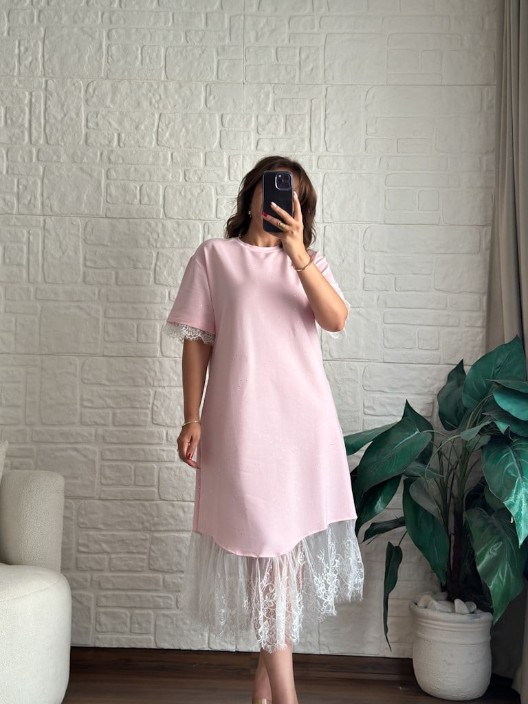 Dantelli Simli Elbise Pembe