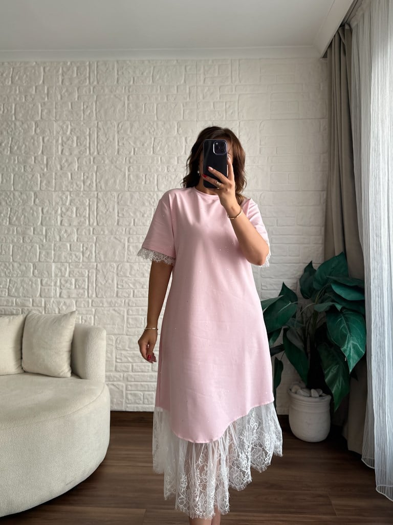 Dantelli Simli Elbise Pembe