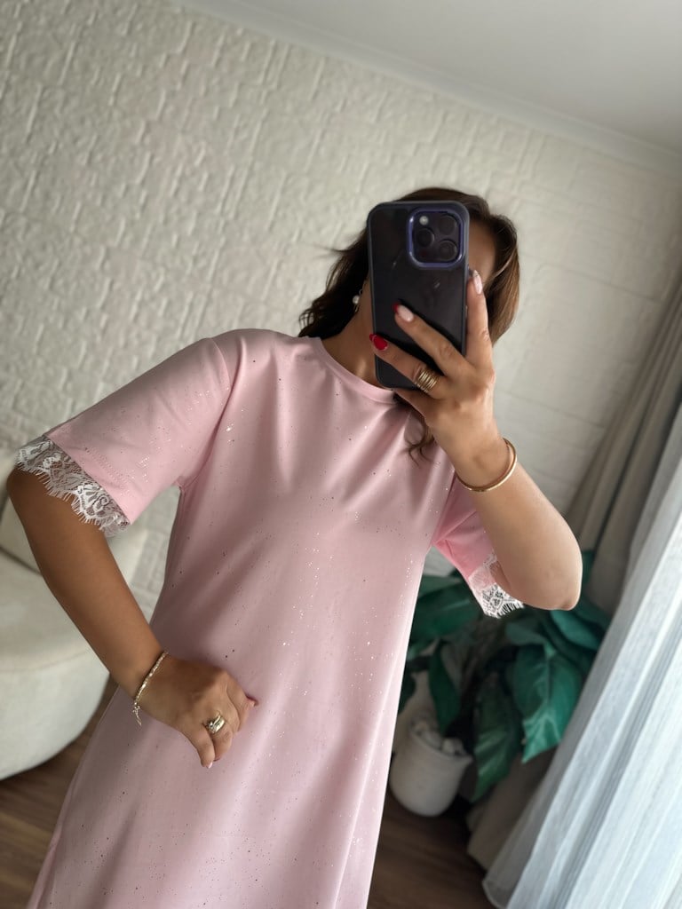 Dantelli Simli Elbise Pembe