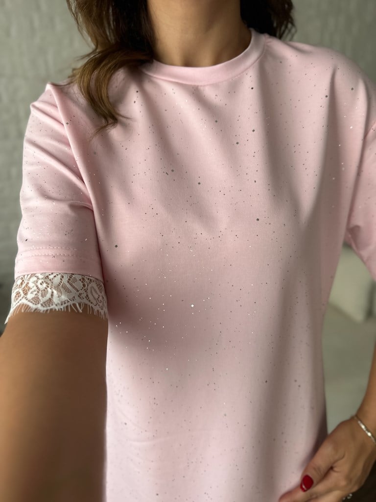 Dantelli Simli Elbise Pembe