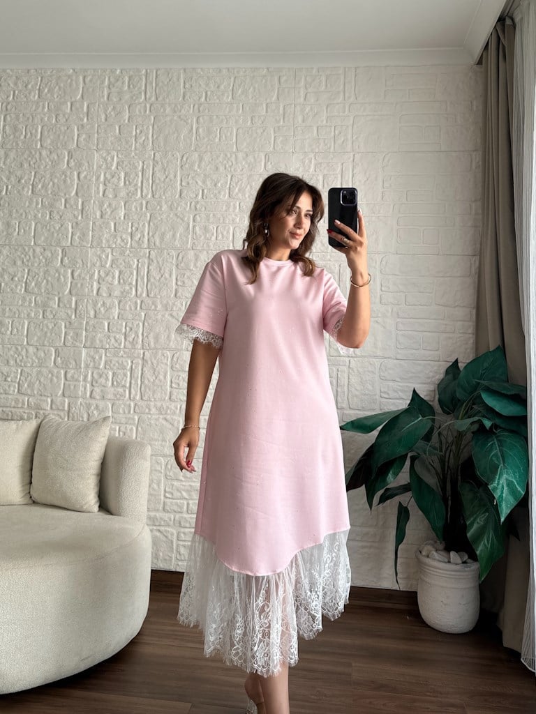 Dantelli Simli Elbise Pembe