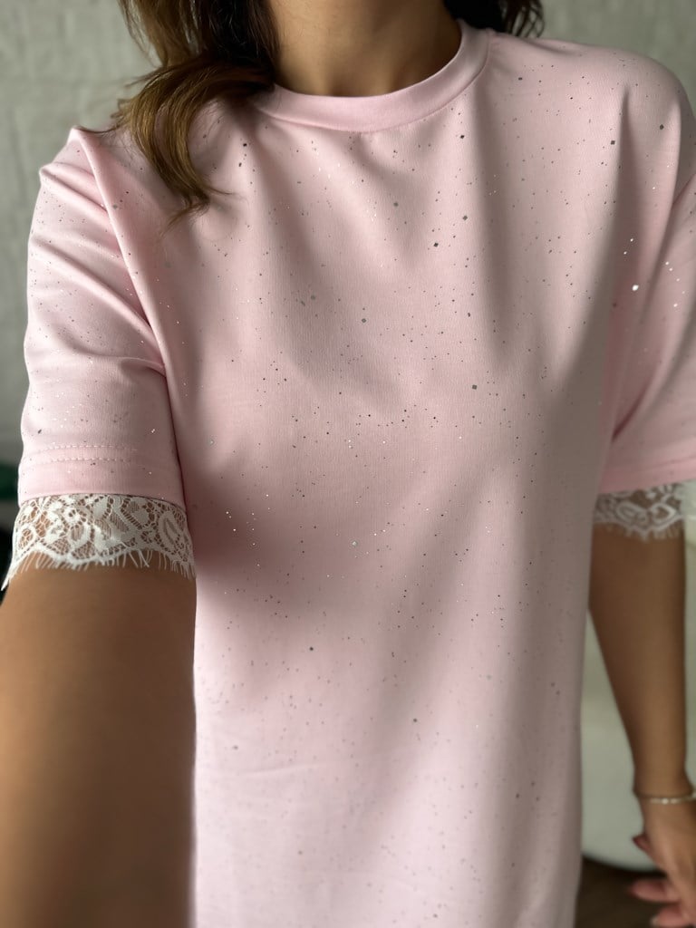 Dantelli Simli Elbise Pembe