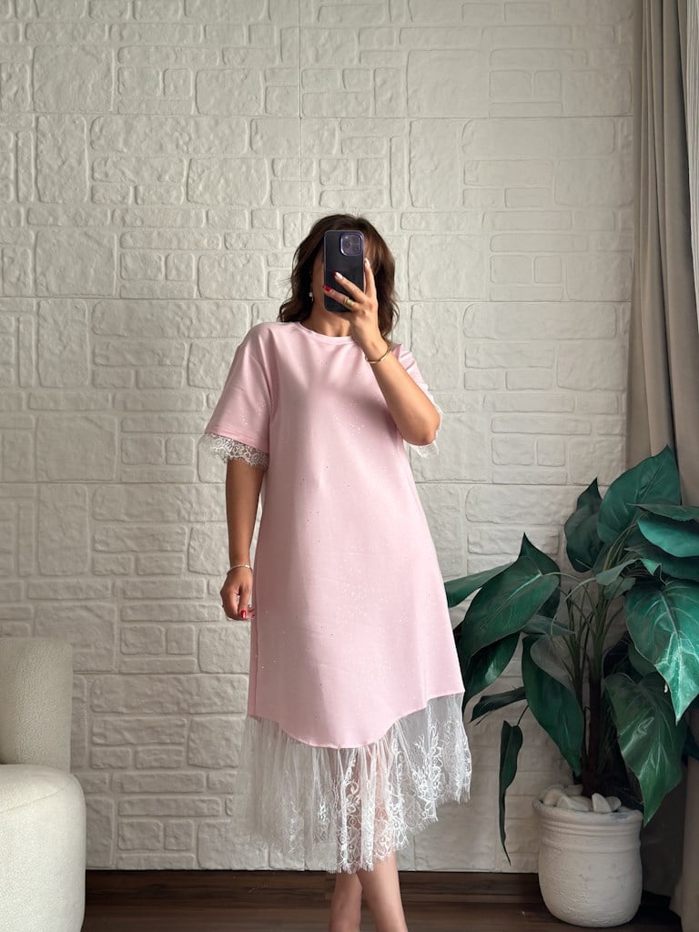 Dantelli Simli Elbise Pembe
