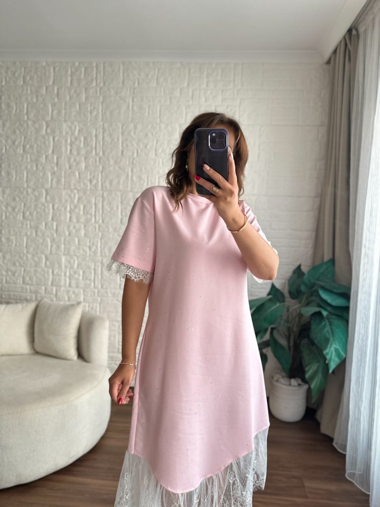Dantelli Simli Elbise Pembe