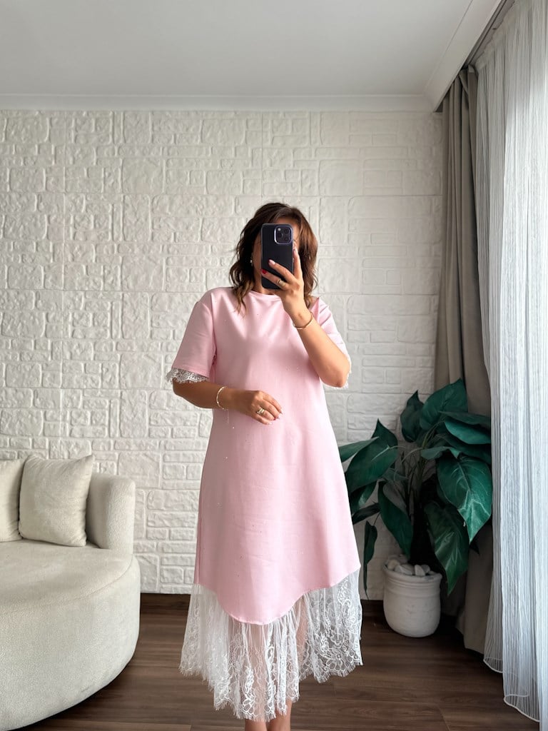 Dantelli Simli Elbise Pembe