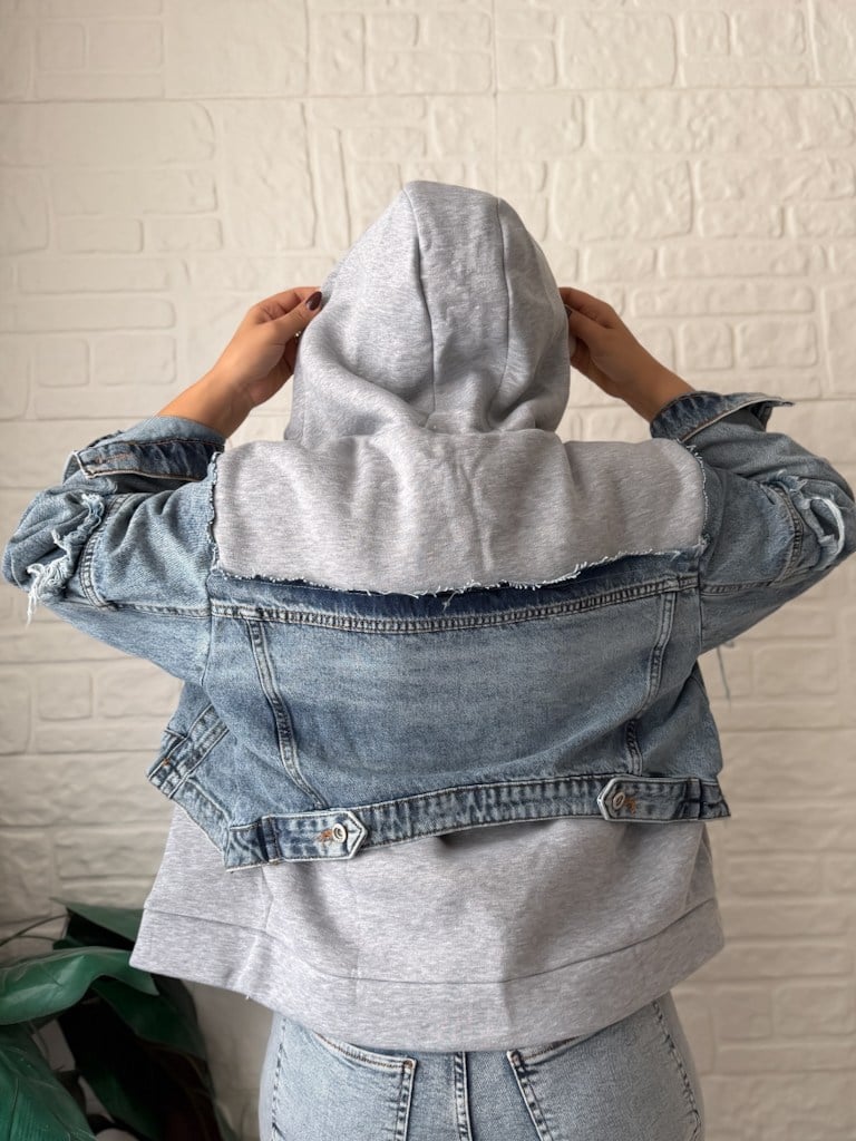 Denim Detaylı Kaşonlu Sweat Mont Ceket