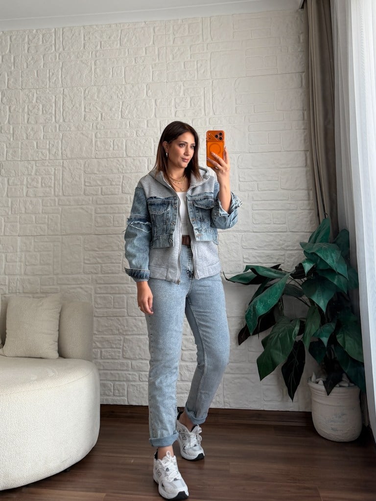 Denim Detaylı Kaşonlu Sweat Mont Ceket
