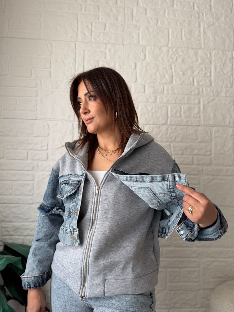 Denim Detaylı Kaşonlu Sweat Mont Ceket