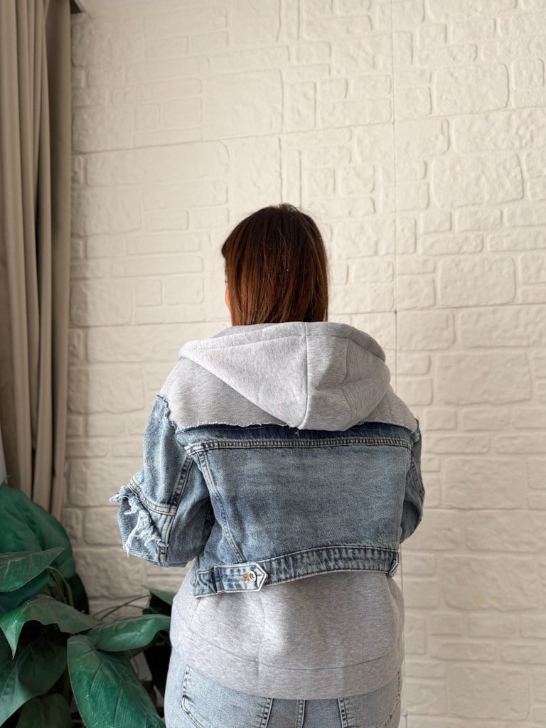 Denim Detaylı Kaşonlu Sweat Mont Ceket