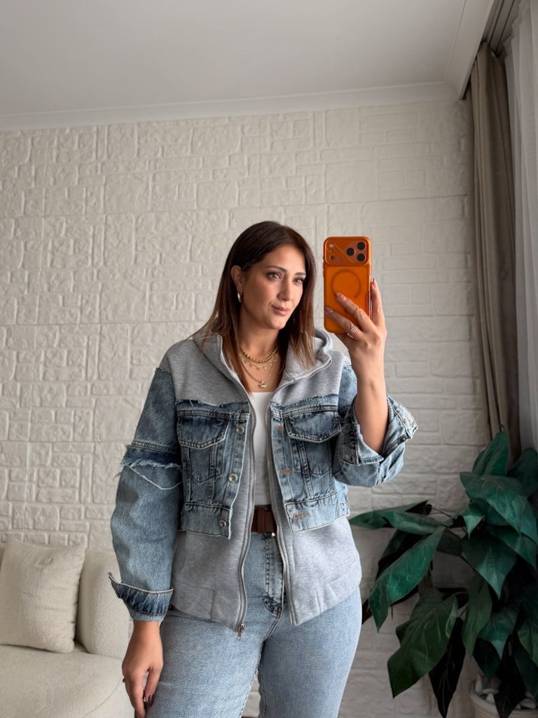 Denim Detaylı Kaşonlu Sweat Mont Ceket