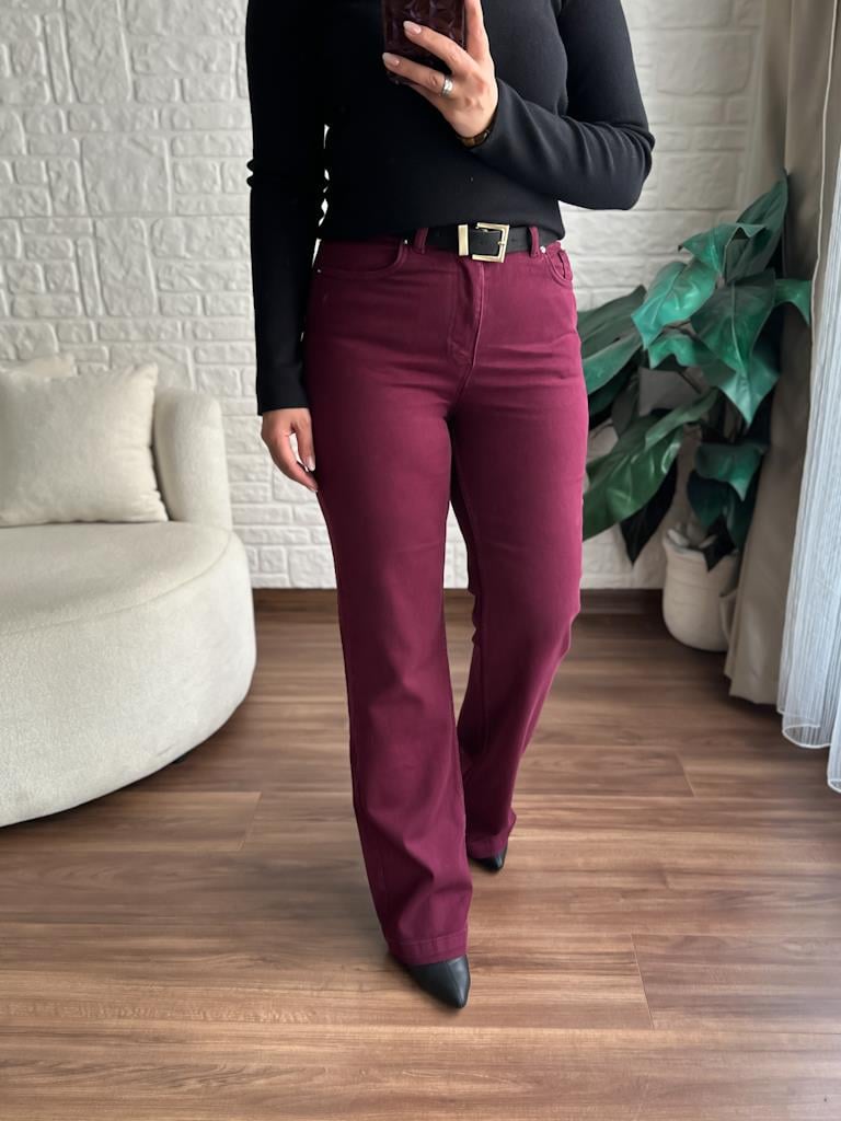 Dikişli Bol Paça Relax Jean Pantolon Bordo
