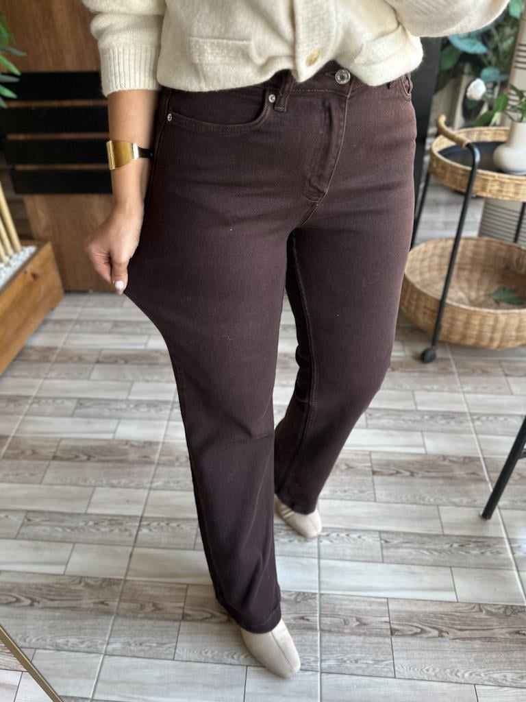 Dikişli Bol Paça Relax Jean Pantolon Kahverengi