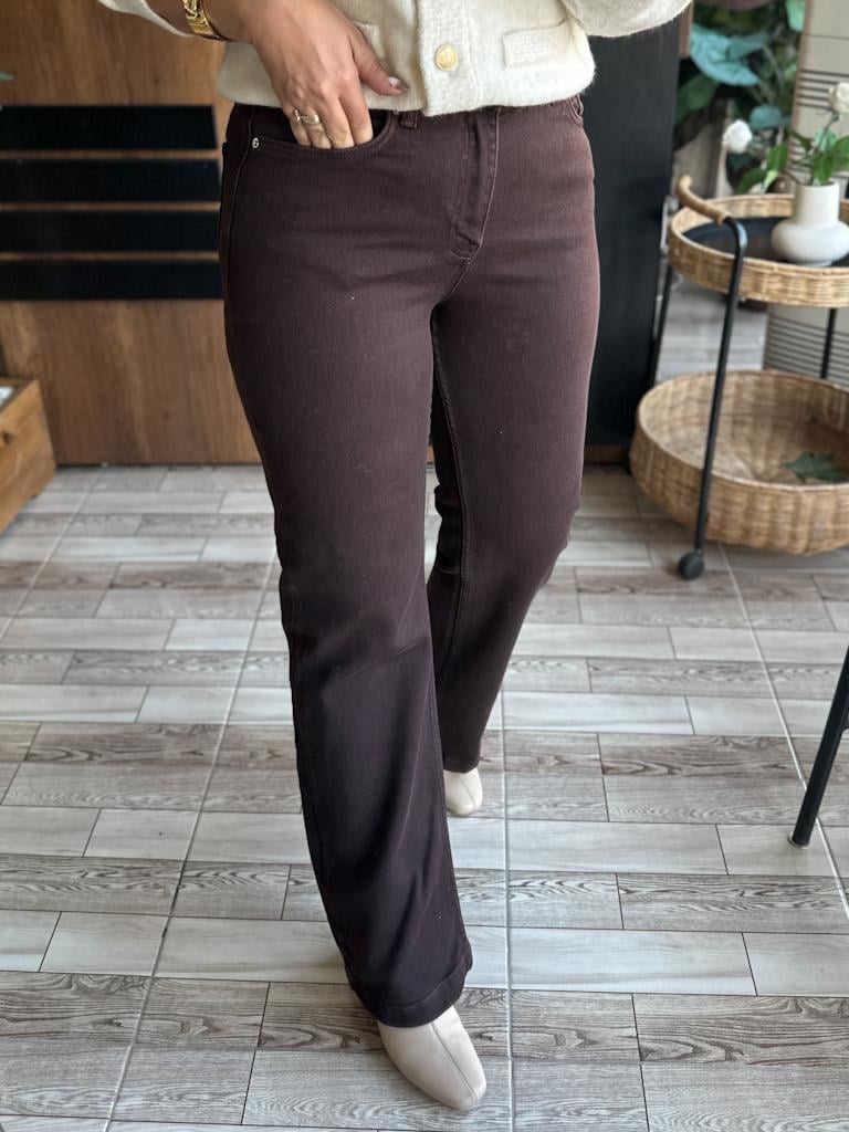 Dikişli Bol Paça Relax Jean Pantolon Kahverengi