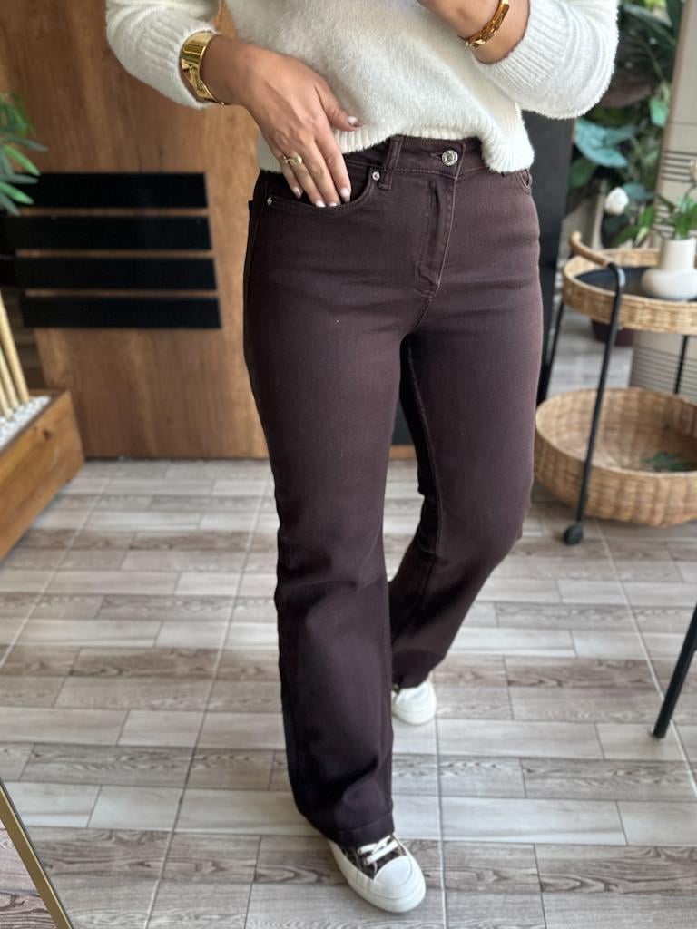 Dikişli Bol Paça Relax Jean Pantolon Kahverengi