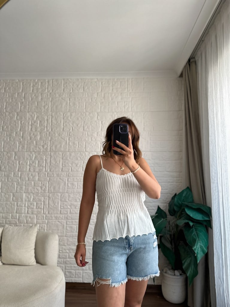 Dilvin Askılı İnce Dokulu Triko Bluz Beyaz