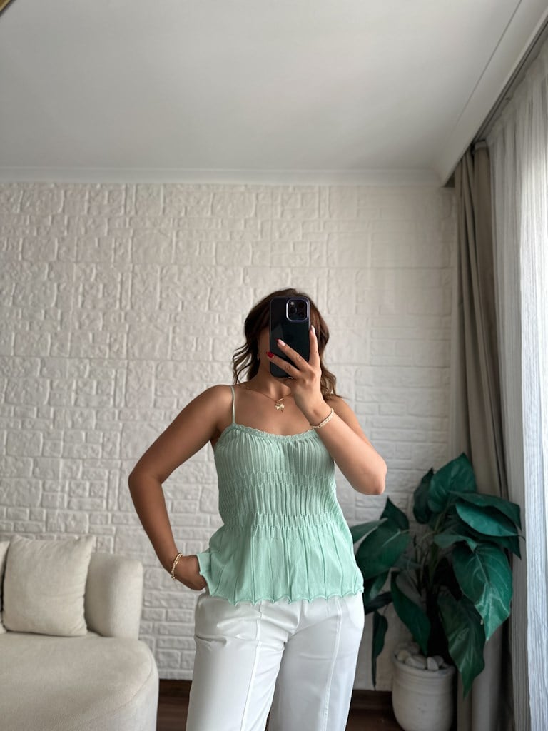 Dilvin Askılı İnce Dokulu Triko Bluz Mint Yeşil