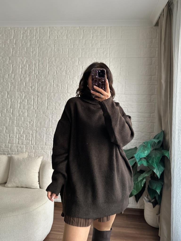 Dilvin Balıkçı Yaka Oversize Kazak Kahverengi
