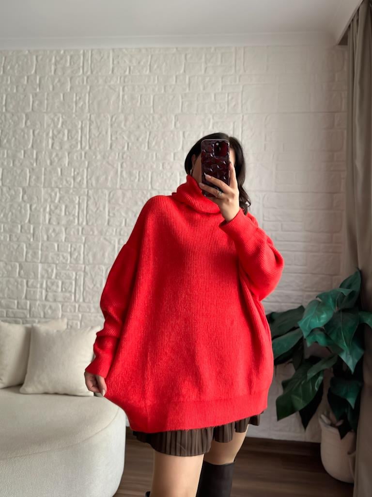 Dilvin Balıkçı Yaka Oversize Kazak Kırmızı