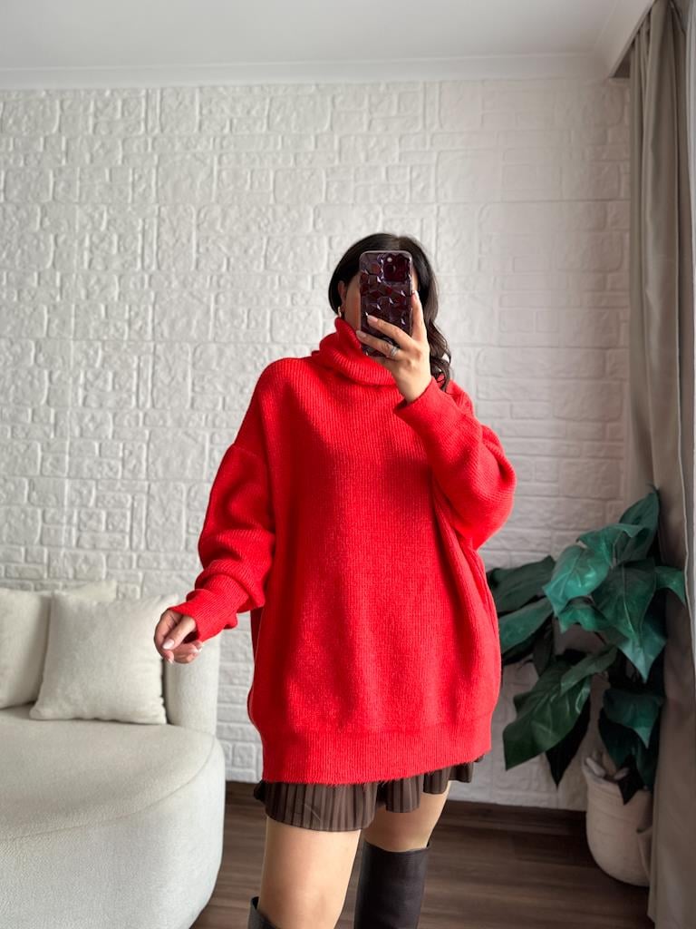 Dilvin Balıkçı Yaka Oversize Kazak Kırmızı