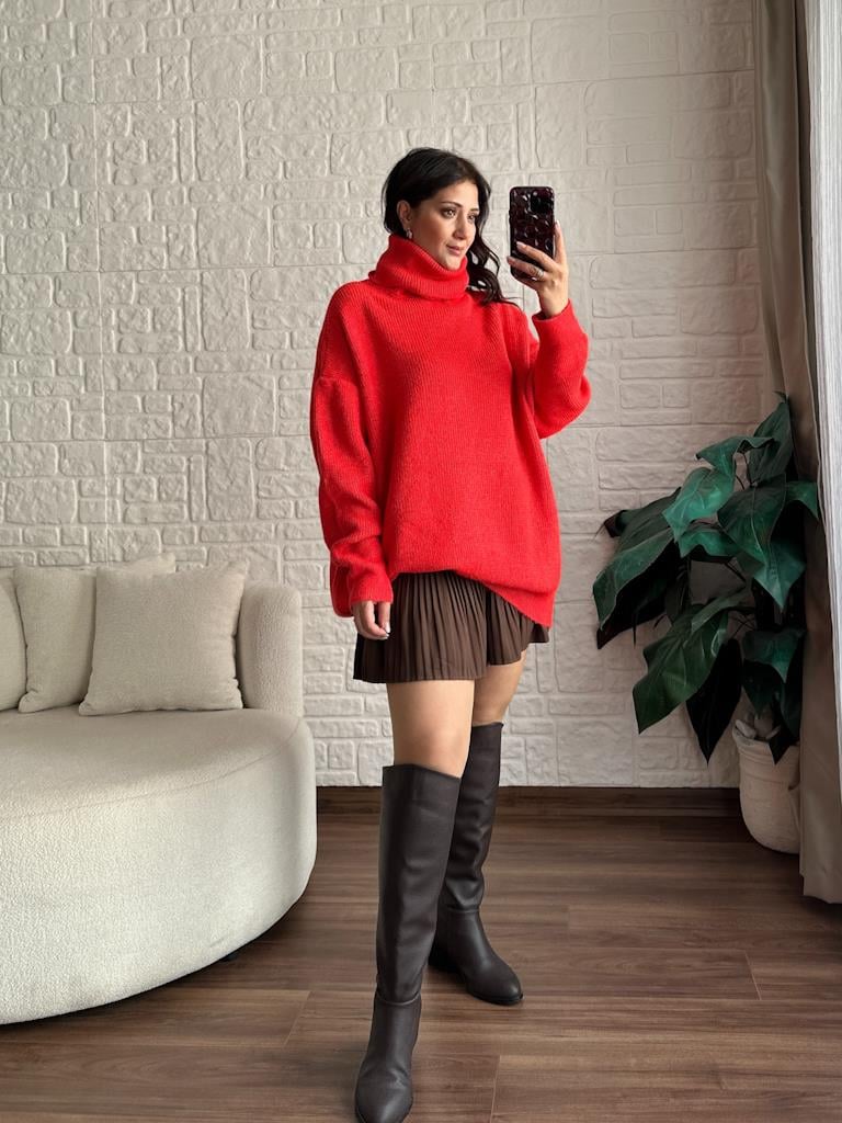Dilvin Balıkçı Yaka Oversize Kazak Kırmızı