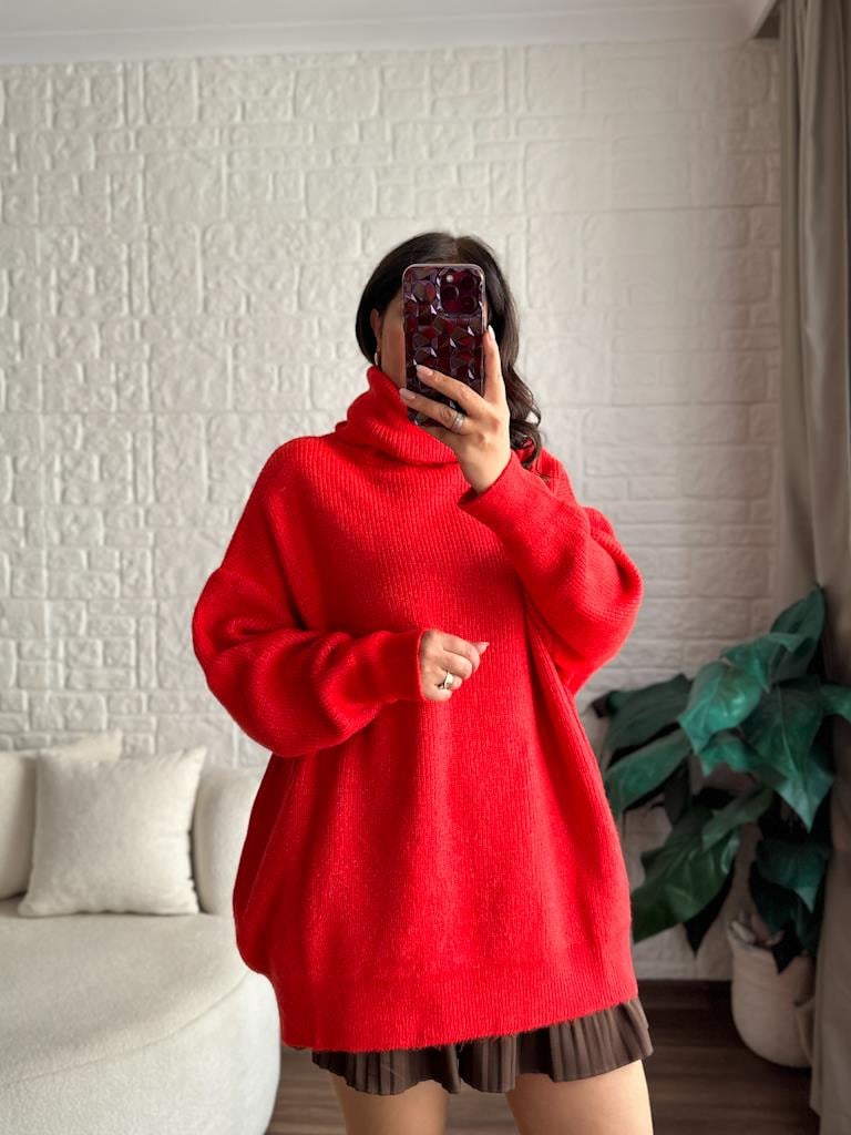 Dilvin Balıkçı Yaka Oversize Kazak Kırmızı