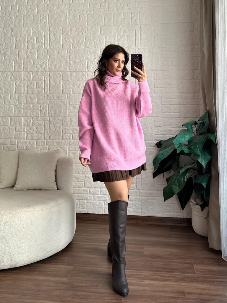 Dilvin Balıkçı Yaka Oversize Kazak Pembe