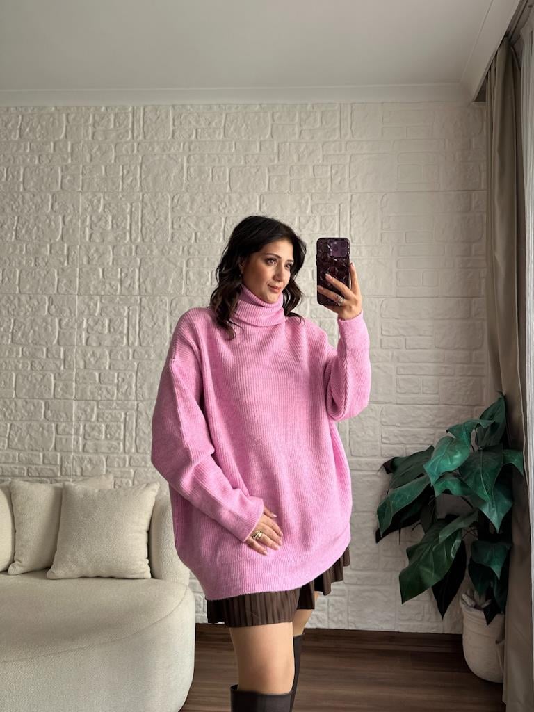 Dilvin Balıkçı Yaka Oversize Kazak Pembe