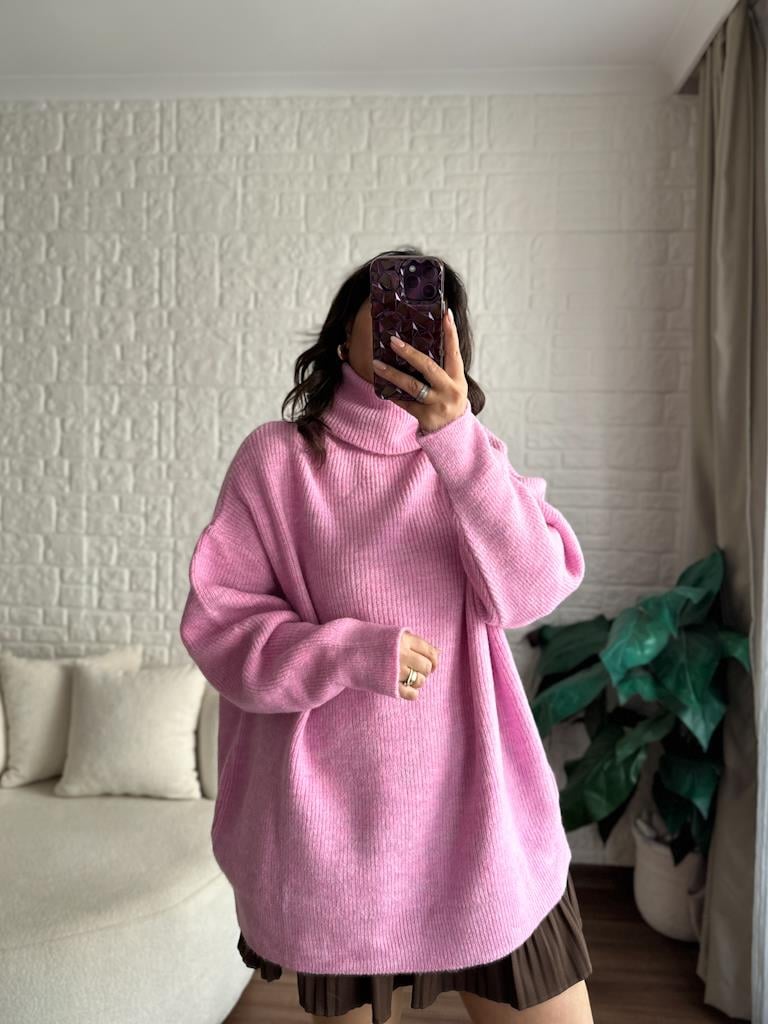 Dilvin Balıkçı Yaka Oversize Kazak Pembe