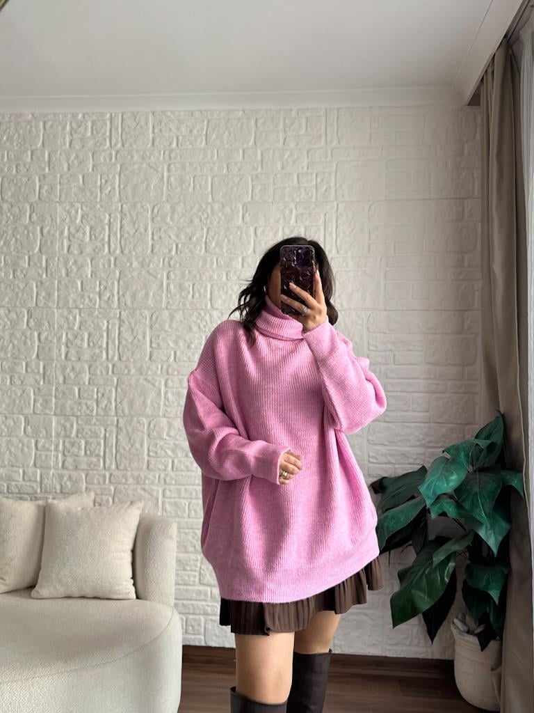 Dilvin Balıkçı Yaka Oversize Kazak Pembe