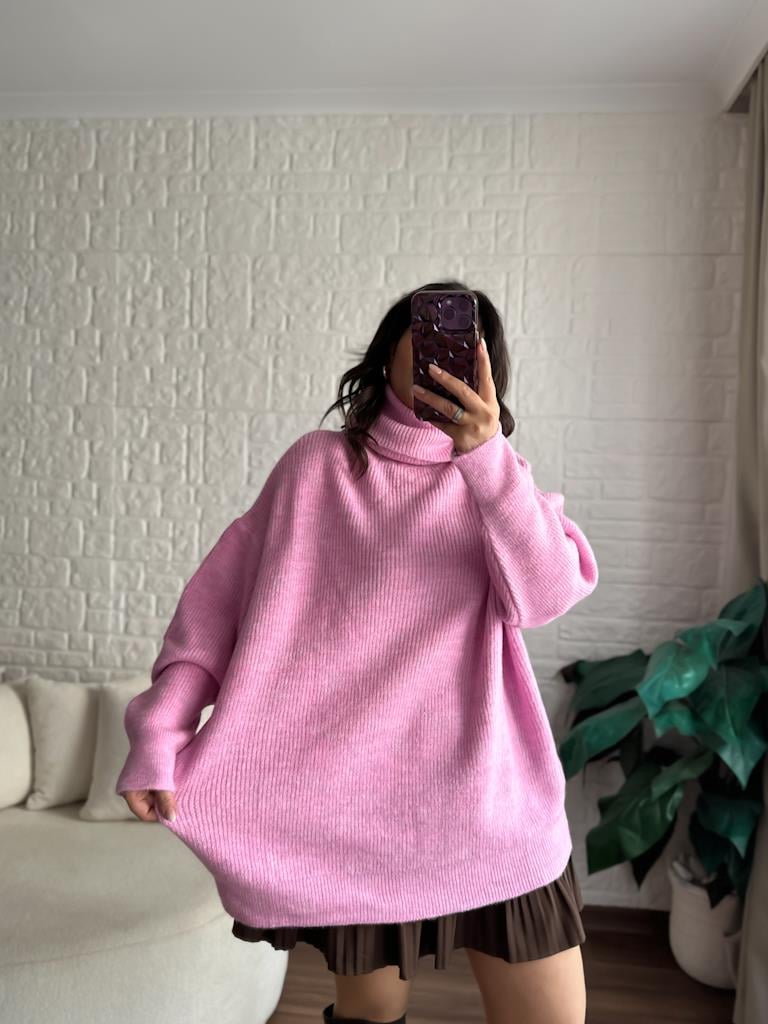 Dilvin Balıkçı Yaka Oversize Kazak Pembe