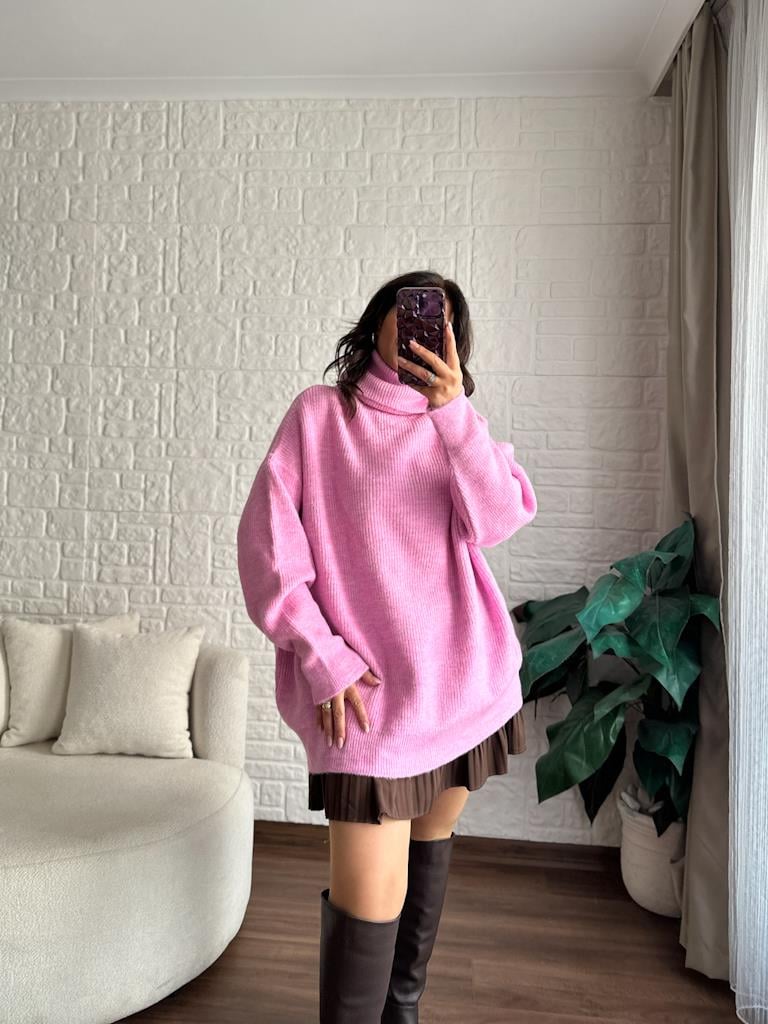 Dilvin Balıkçı Yaka Oversize Kazak Pembe