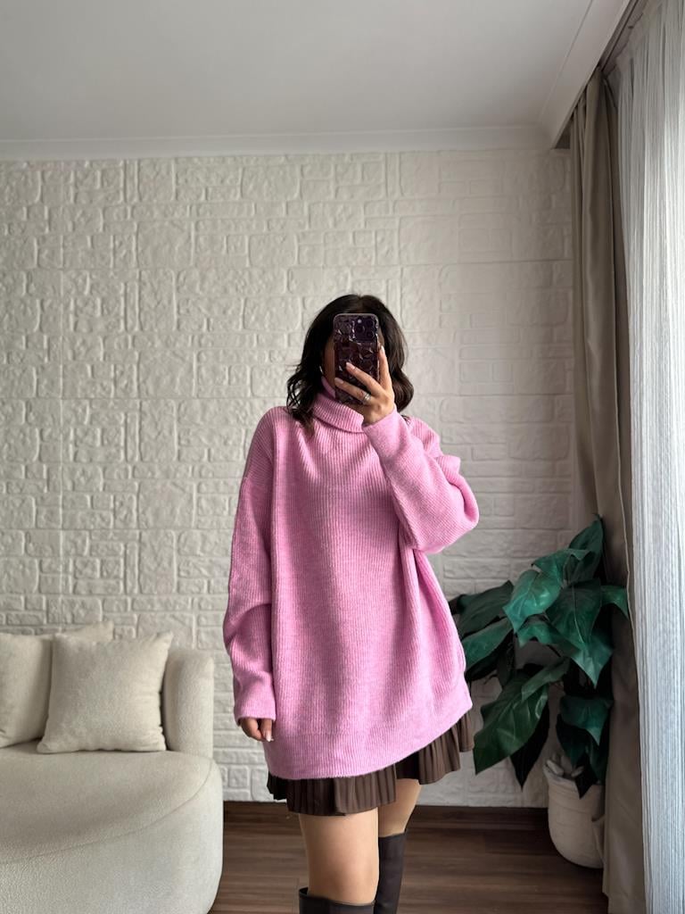 Dilvin Balıkçı Yaka Oversize Kazak Pembe