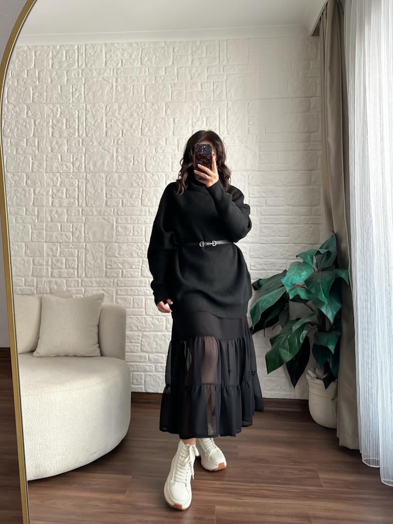Dilvin Balıkçı Yaka Oversize Kazak Siyah