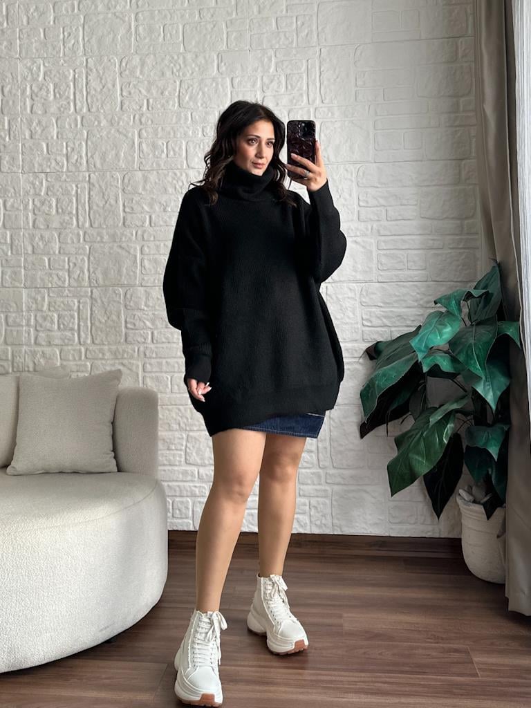 Dilvin Balıkçı Yaka Oversize Kazak Siyah