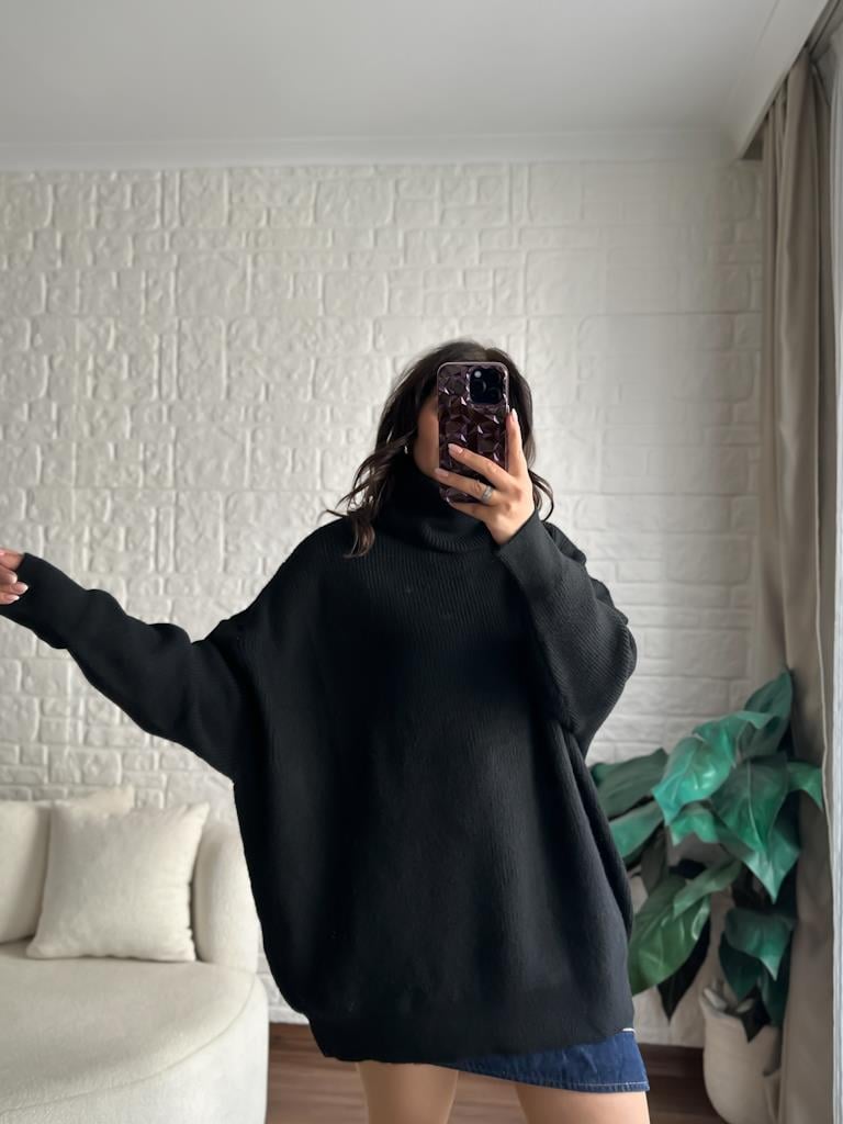 Dilvin Balıkçı Yaka Oversize Kazak Siyah