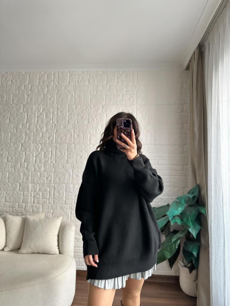Dilvin Balıkçı Yaka Oversize Kazak Siyah