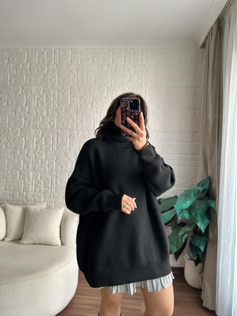 Dilvin Balıkçı Yaka Oversize Kazak Siyah