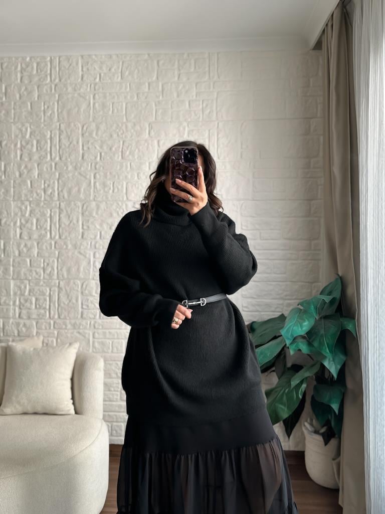 Dilvin Balıkçı Yaka Oversize Kazak Siyah