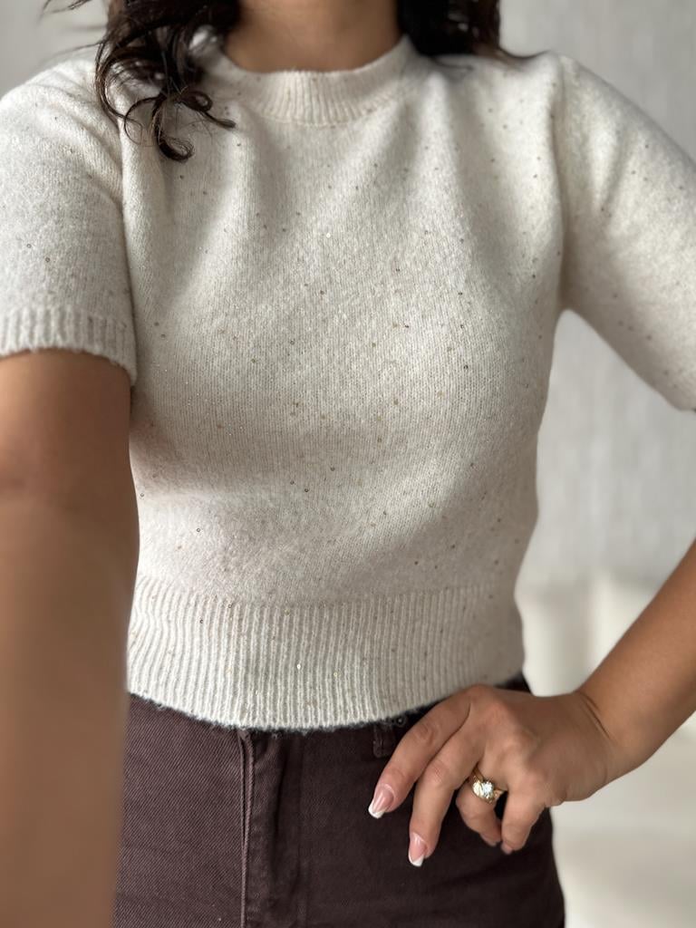 Dilvin Bisiklet Yaka Pullu Simli Triko Kazak Krem