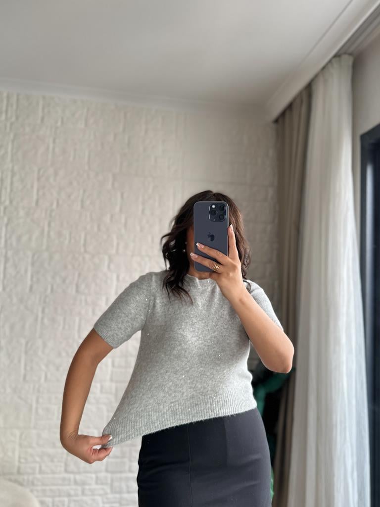 Dilvin Bisiklet Yaka Pullu Simli Triko Kazak Gri