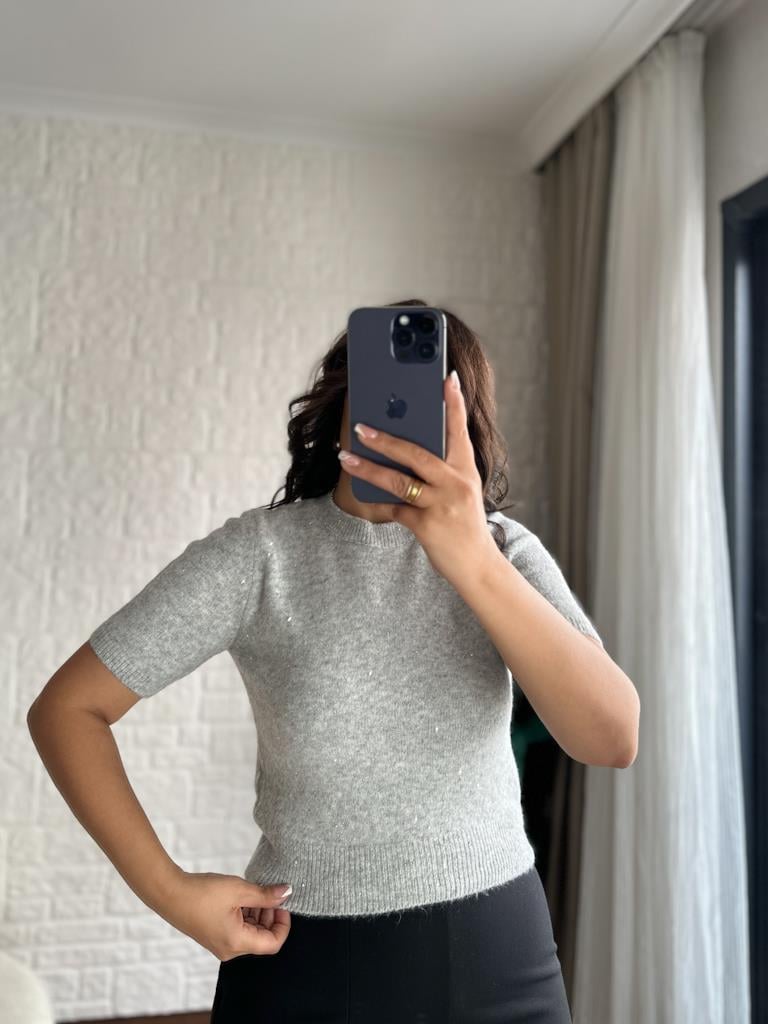 Dilvin Bisiklet Yaka Pullu Simli Triko Kazak Gri