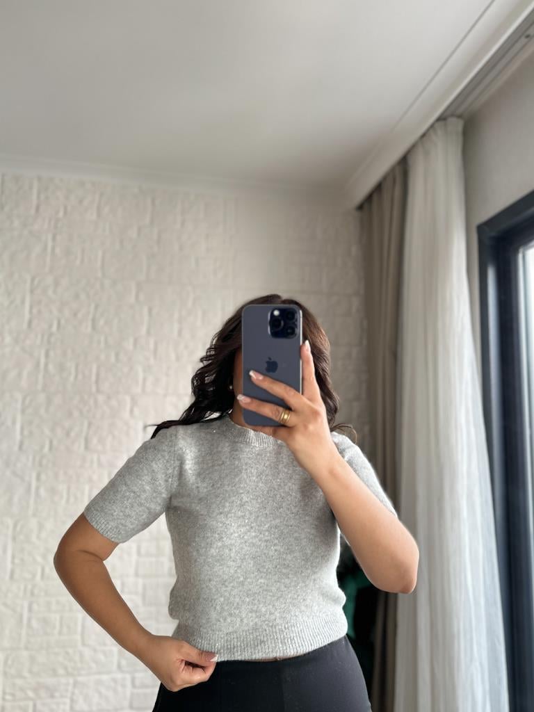 Dilvin Bisiklet Yaka Pullu Simli Triko Kazak Gri